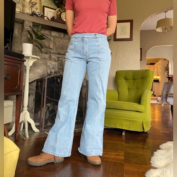 Vintage Denim - Y2K wide leg flare jeans light wash all cotton denim bare back yoke
